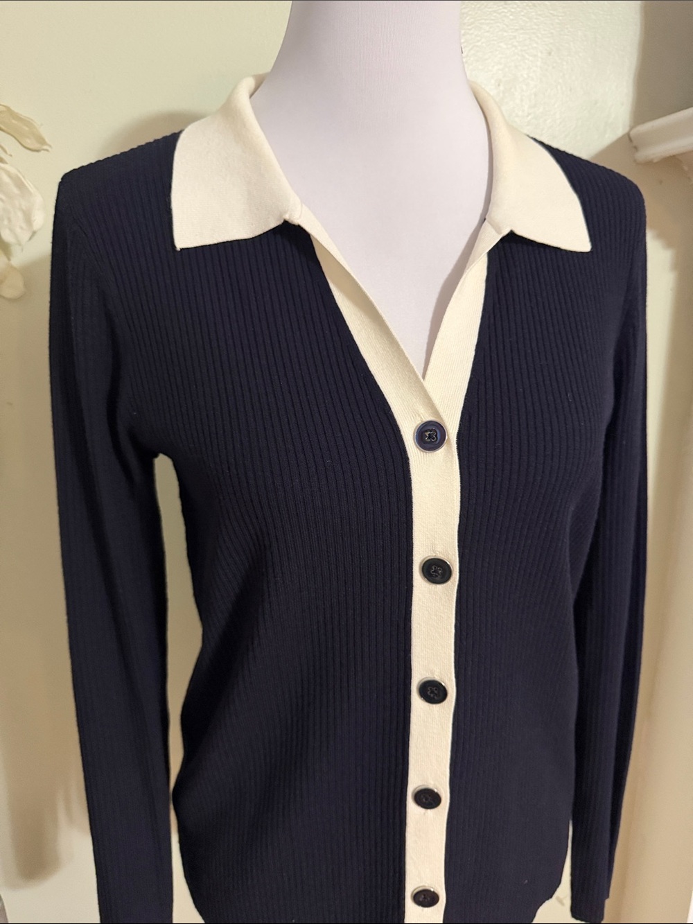 Talbots Navy Ribbed Button Cardigan Cream Trim - Picture 2 of 6